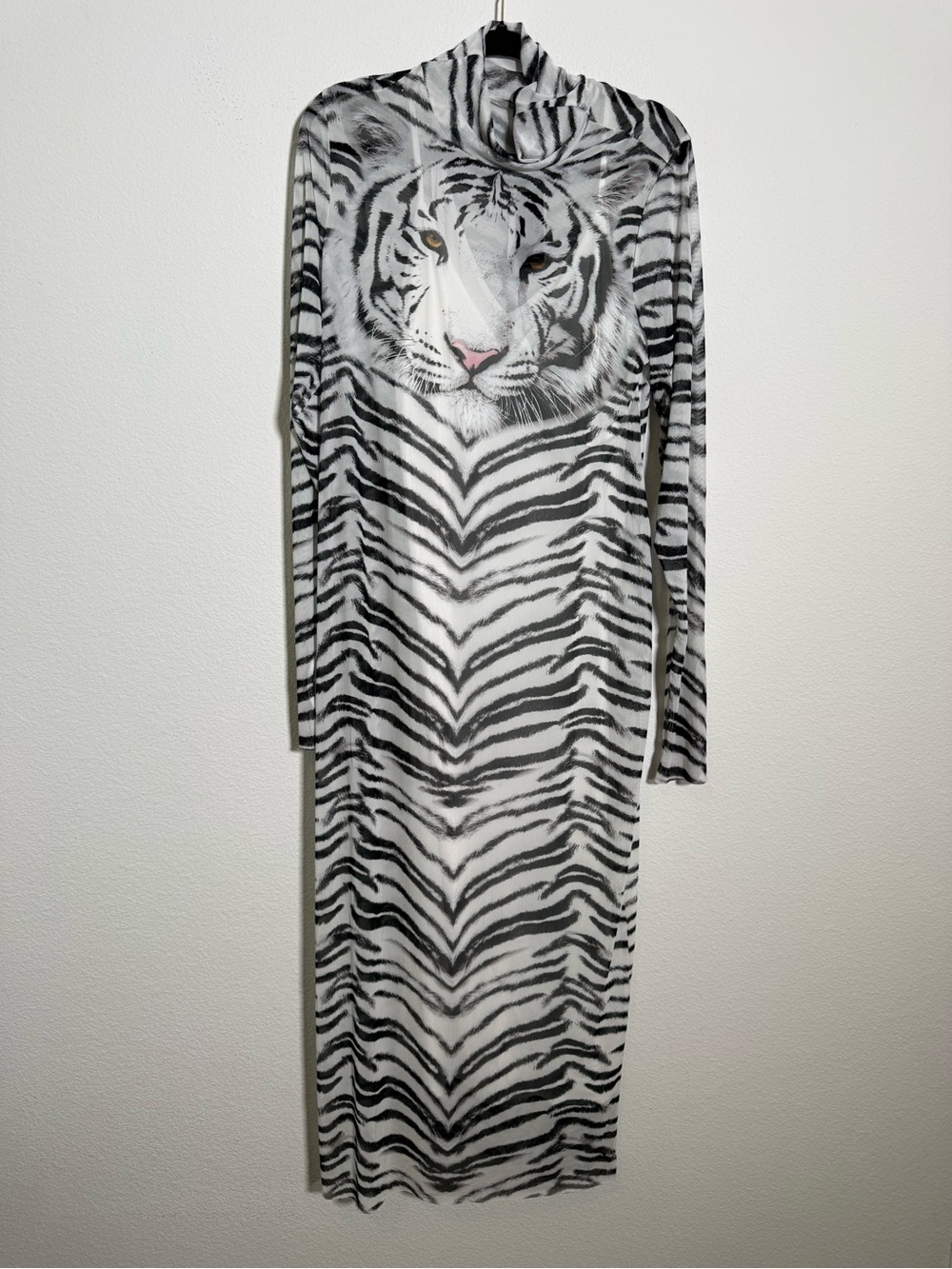 AFRM Blanc Tiger Mesh Midi Dress White Tiger Print Mock Neck Bodycon Y2K 1X NWT